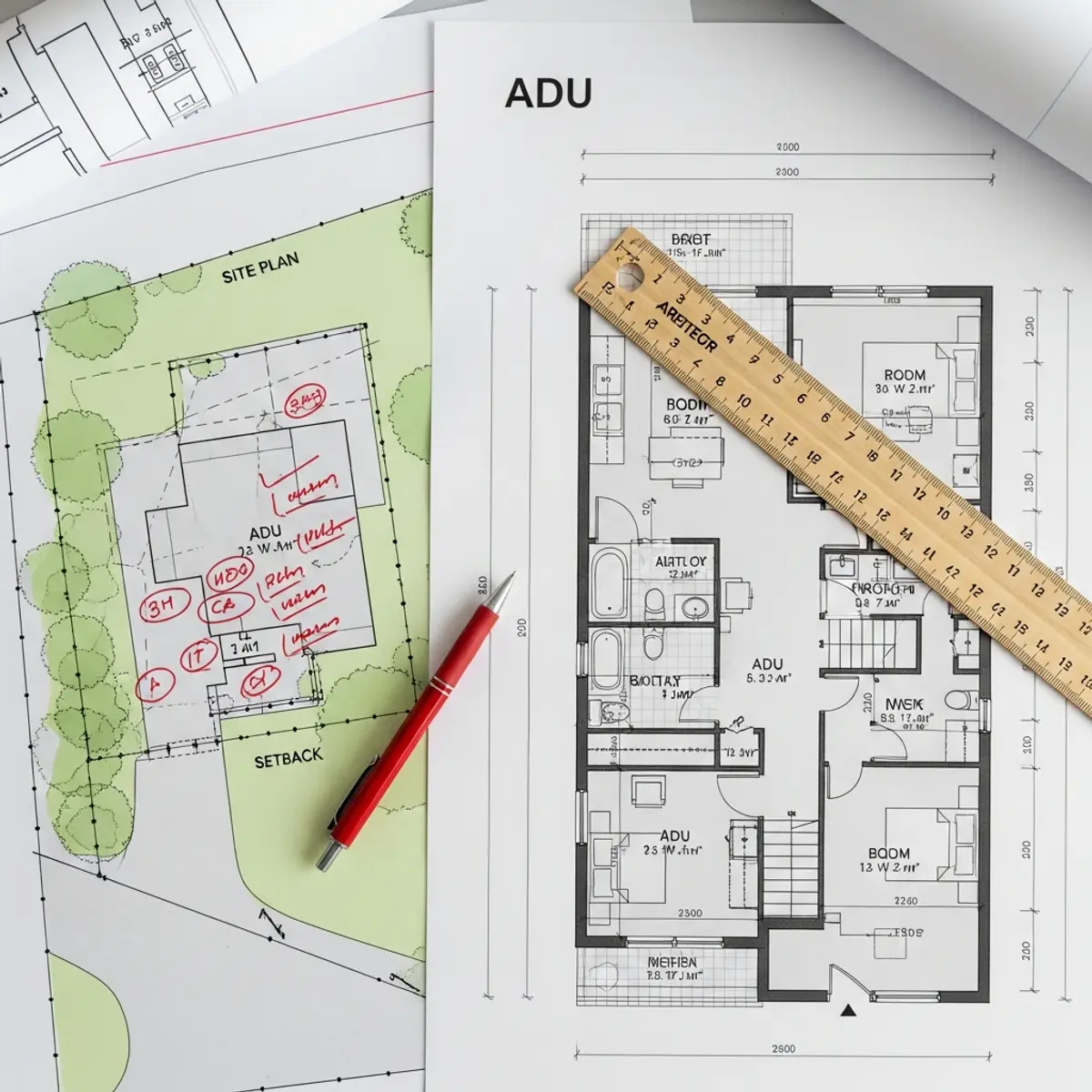 Architectural plans for an ADU showing floor plan and site plan