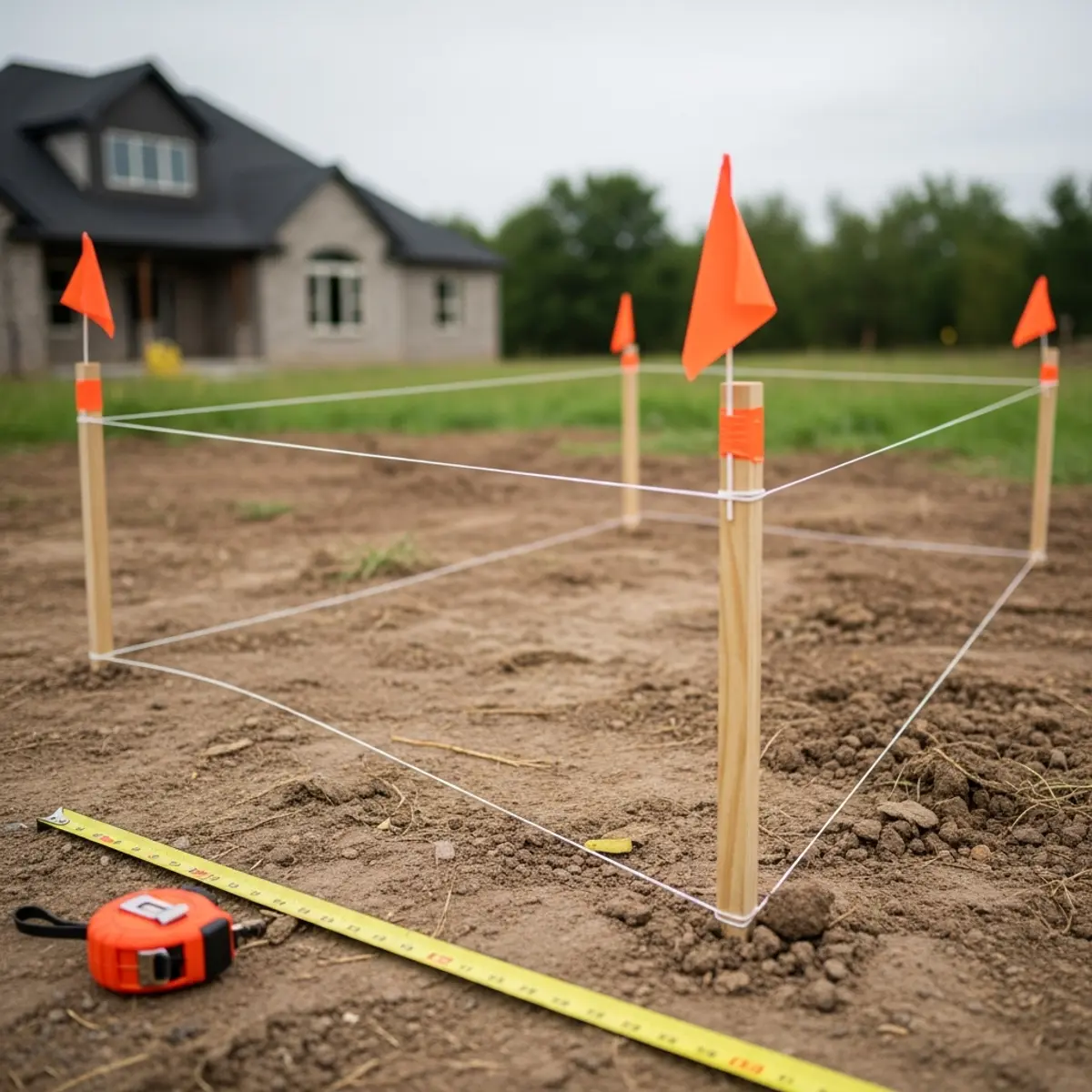 Property survey stakes showing setback lines for ADU placement on a Boise lot