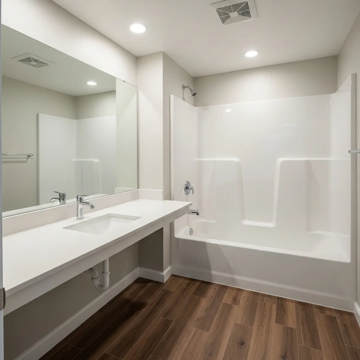 Durable rental-ready ADU bathroom with fiberglass shower and solid-surface vanity