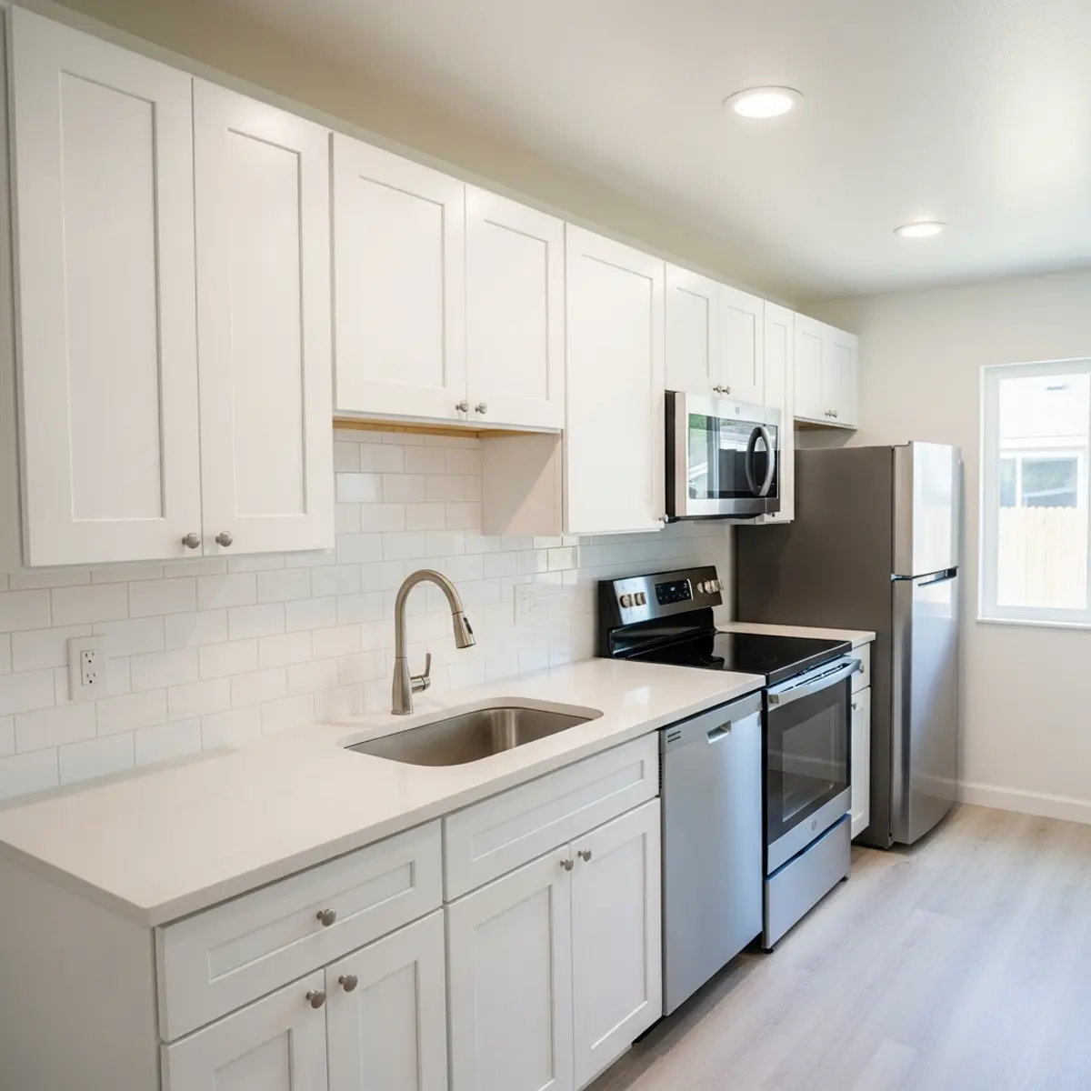 Rental-grade ADU kitchen with thermofoil cabinets, quartz countertop, and stainless appliances