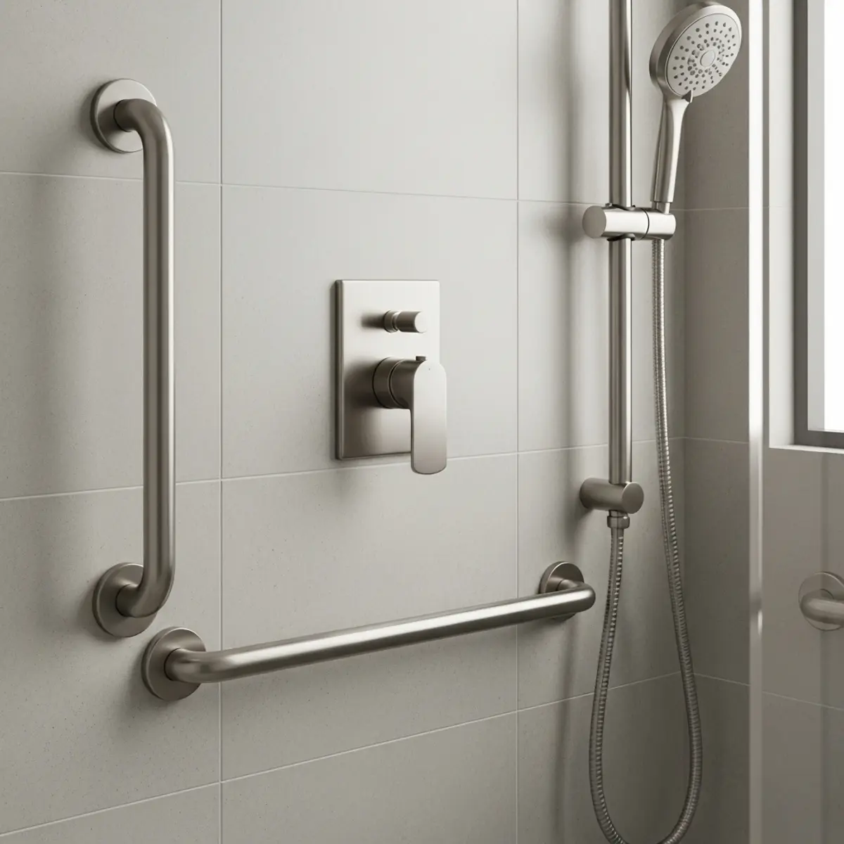 Decorative grab bars installed alongside shower controls in a modern bathroom