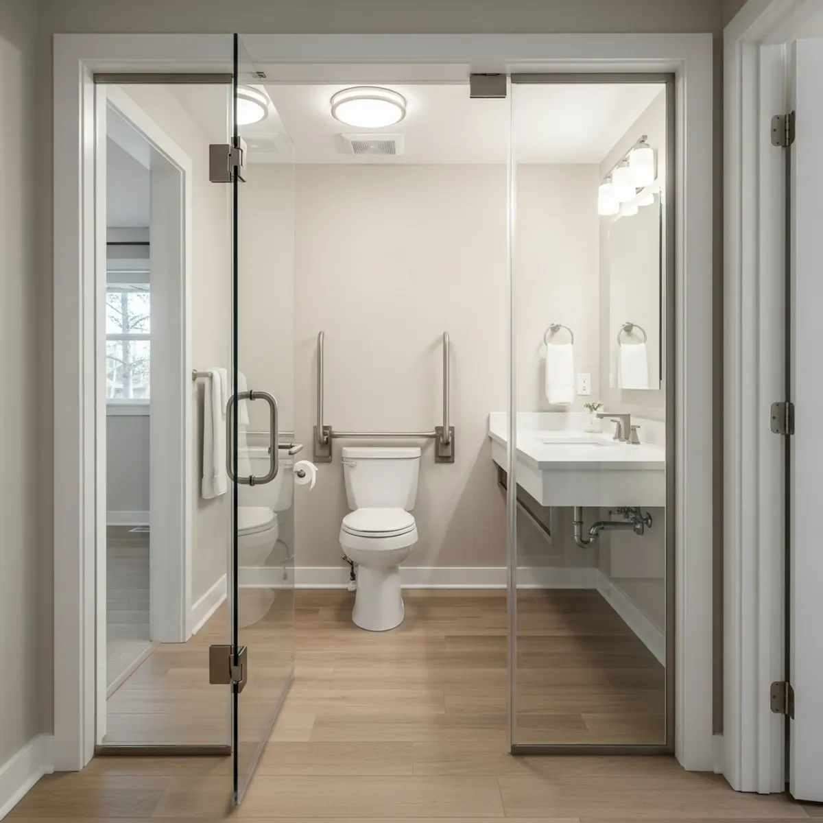 Wide 36-inch bathroom doorway with lever handle for wheelchair accessibility