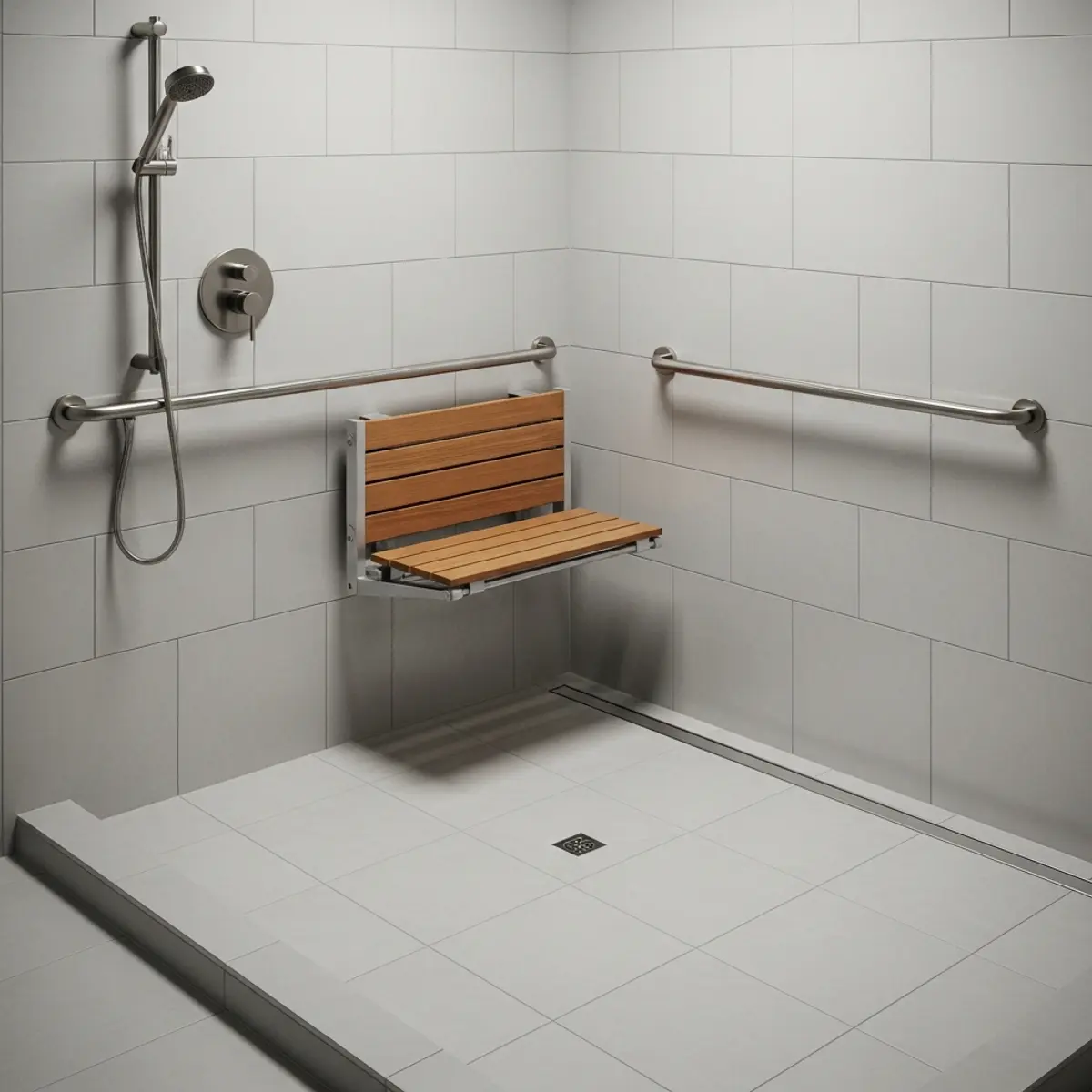 Zero-threshold curbless shower with fold-down bench and grab bars