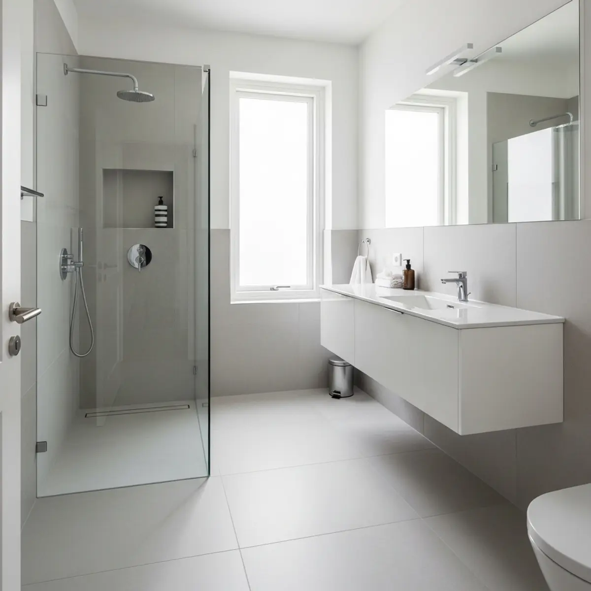 Light-colored large-format tile creating an airy feel in a small bathroom