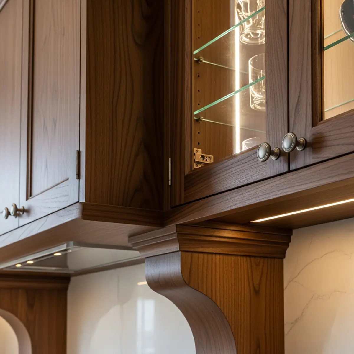 Custom inset cabinet doors with walnut finish and concealed European hinges