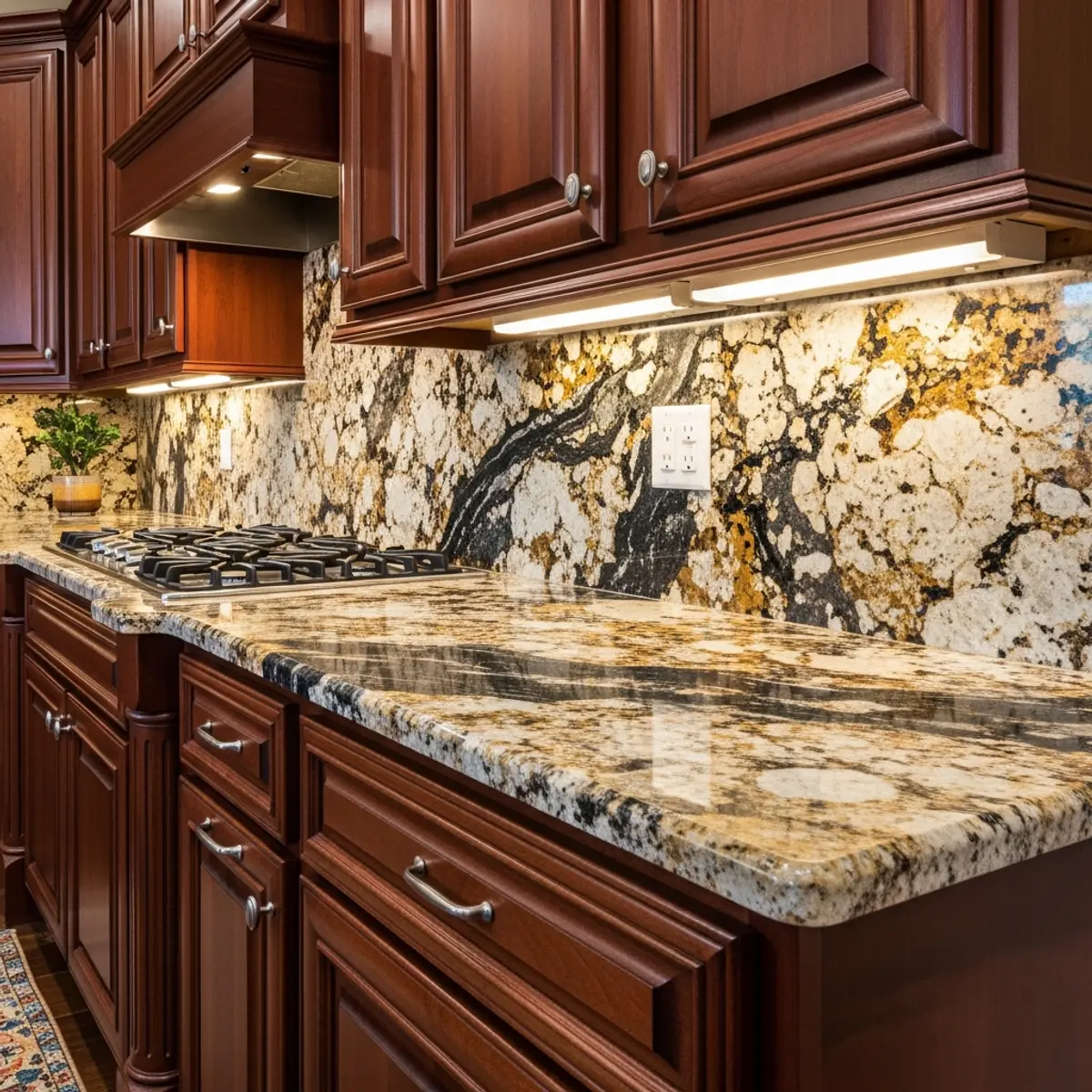 Natural granite countertop with visible mineral patterns in a traditional kitchen