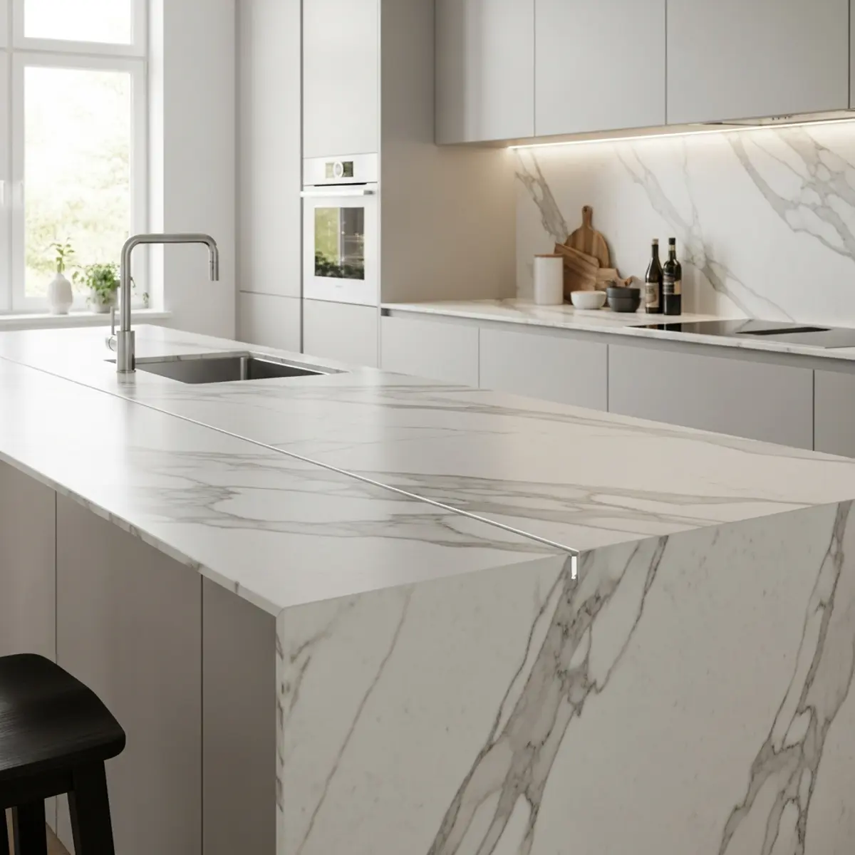 Large-format porcelain slab countertop with Calacatta marble pattern