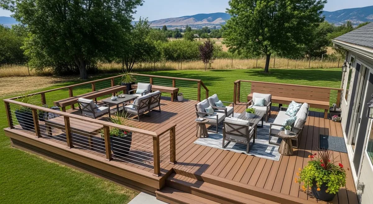 Overhead view of a composite deck with outdoor furniture in a Boise backyard