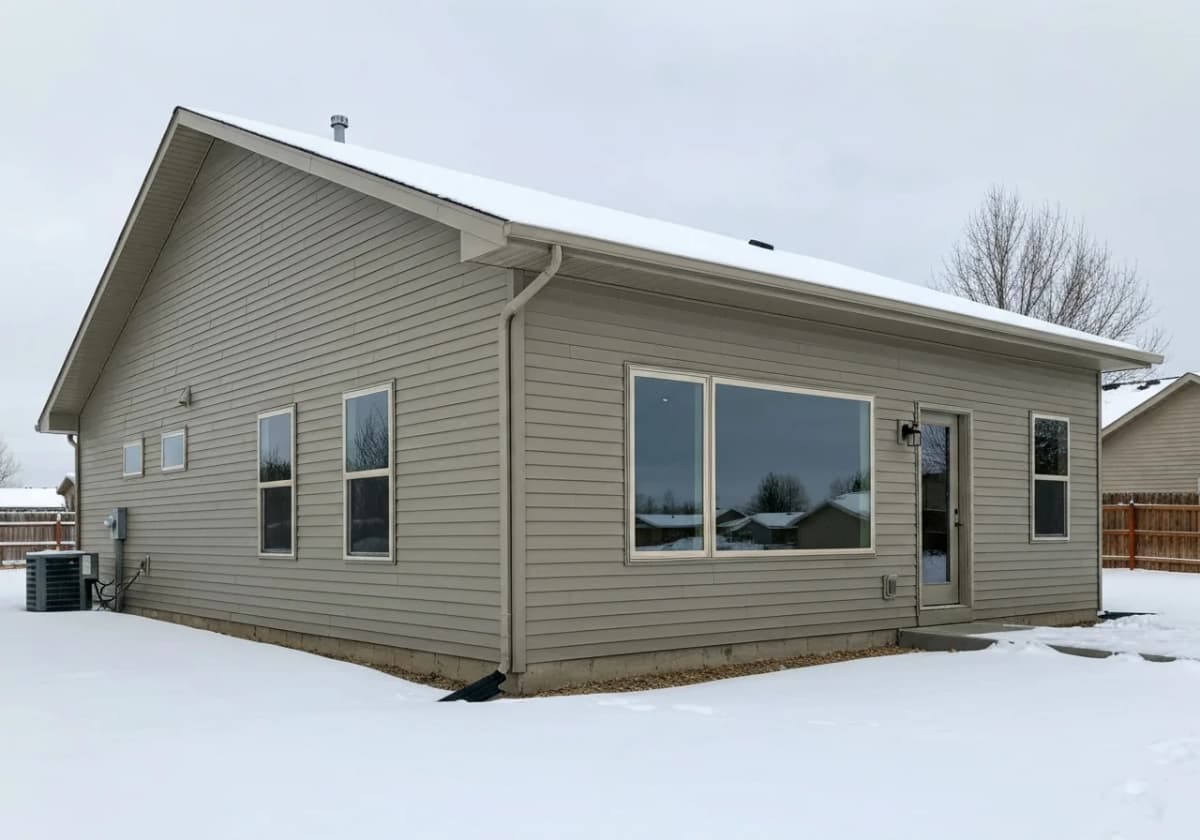Completed home addition in Idaho winter with snow on the ground showing seamless roof integration
