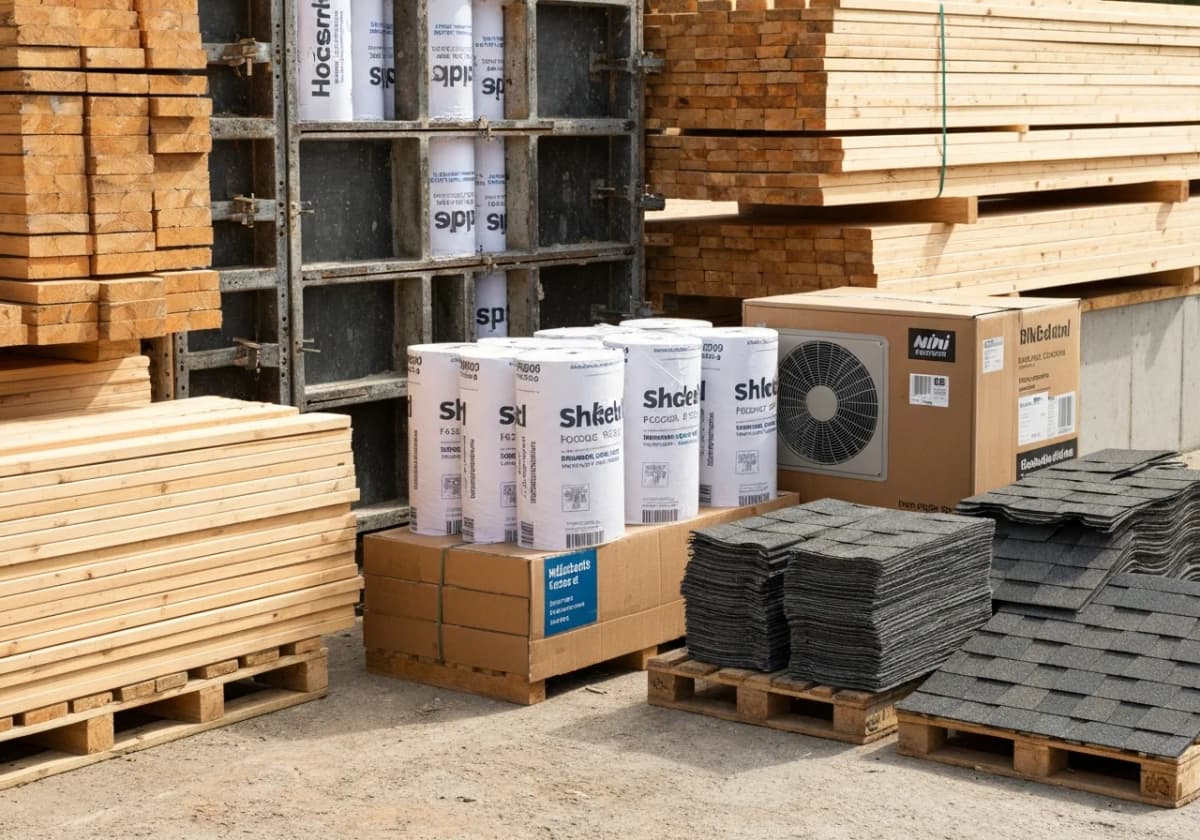 Construction materials for a home addition including lumber, house wrap, shingles, and HVAC equipment