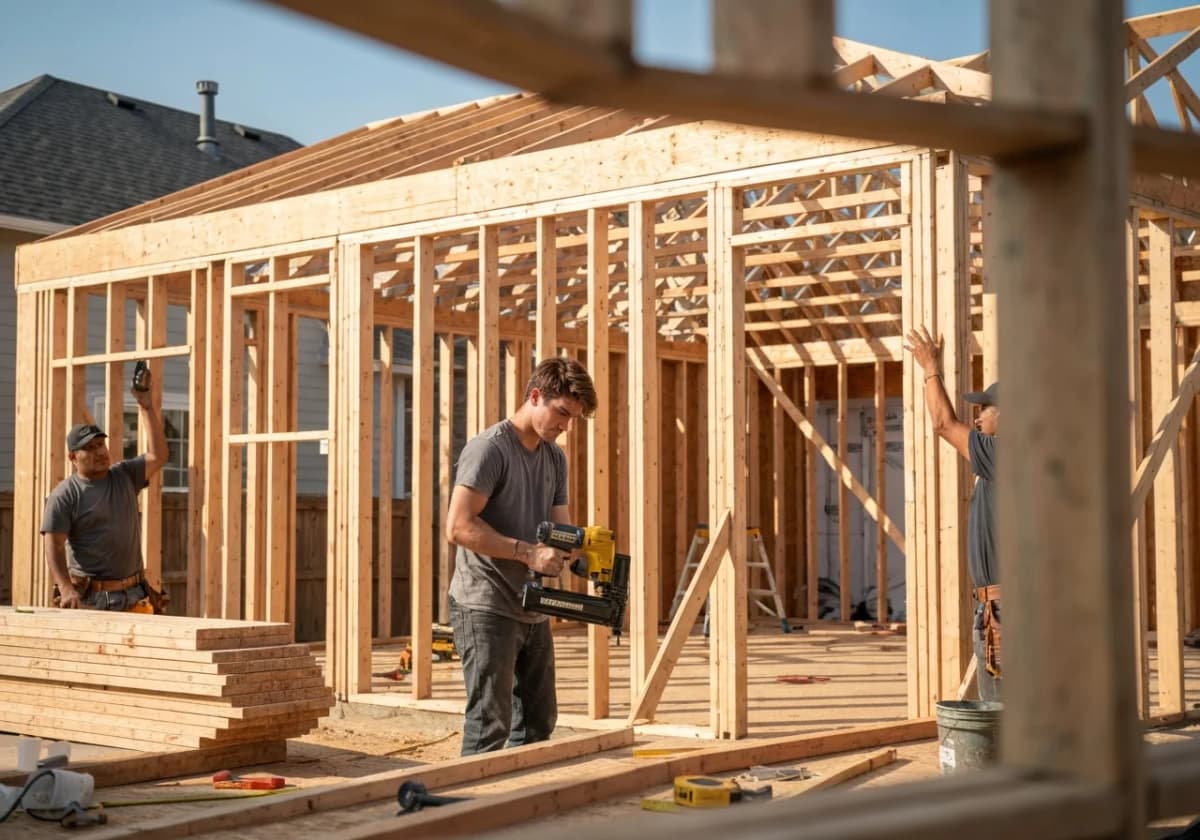 Architect and homeowner reviewing home addition plans at a table in a Boise home