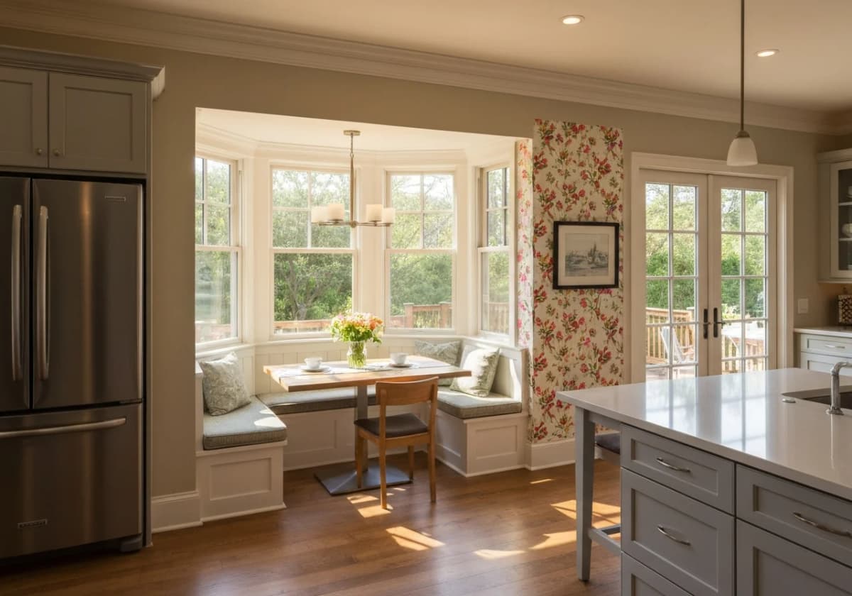 Kitchen bump-out addition with large windows and breakfast nook in a Boise home