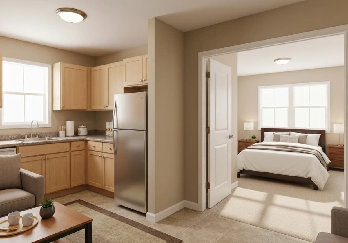 In-law suite interior with kitchenette, sitting area, and private bathroom in a Boise home addition
