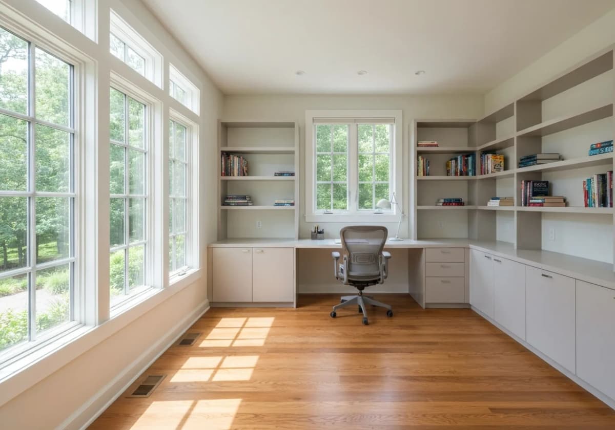 Bright home office addition with large windows and built-in shelving in a Boise home