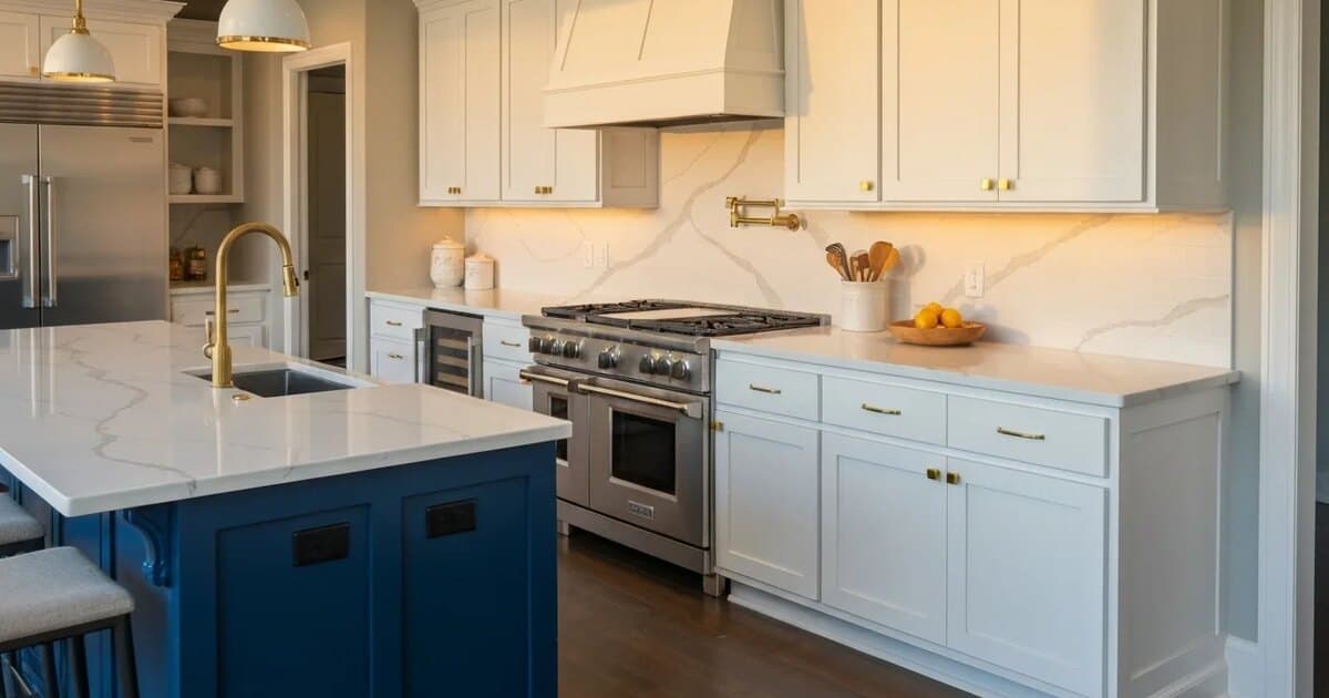 Completed modern kitchen remodel with island, custom cabinets, and premium finishes in Boise Idaho