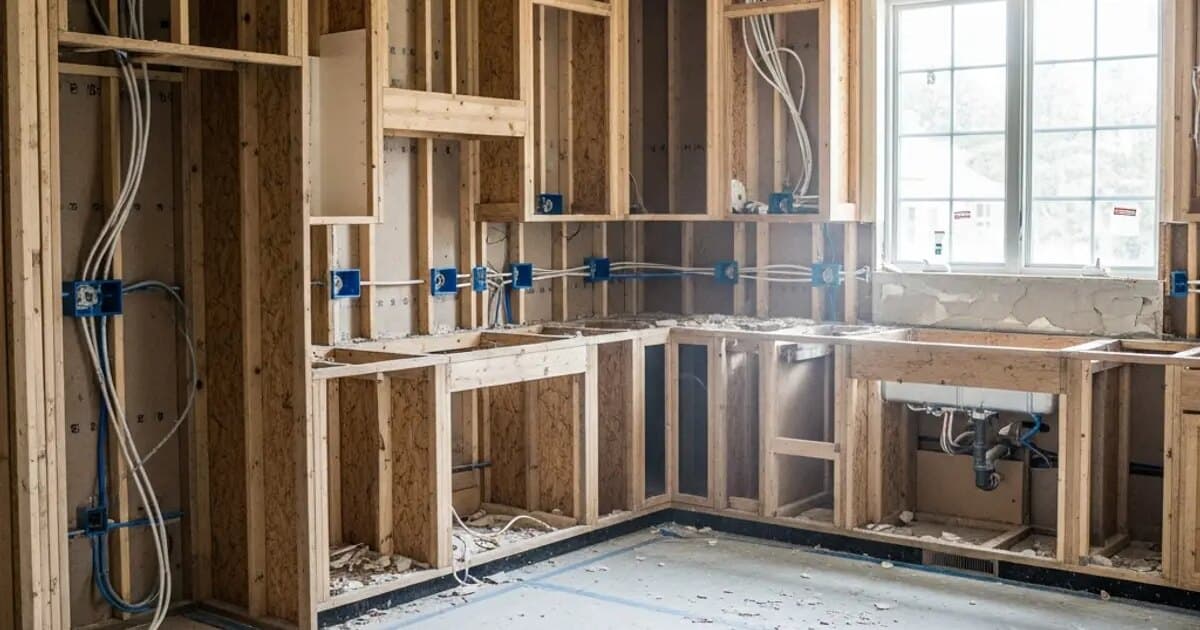 Kitchen during demolition phase with cabinets removed and rough plumbing and electrical exposed