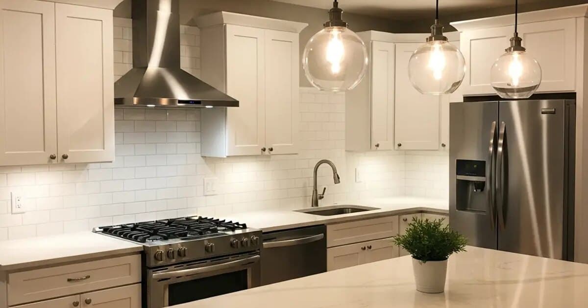Newly installed kitchen cabinets, quartz countertops, and backsplash tile in a Boise home remodel