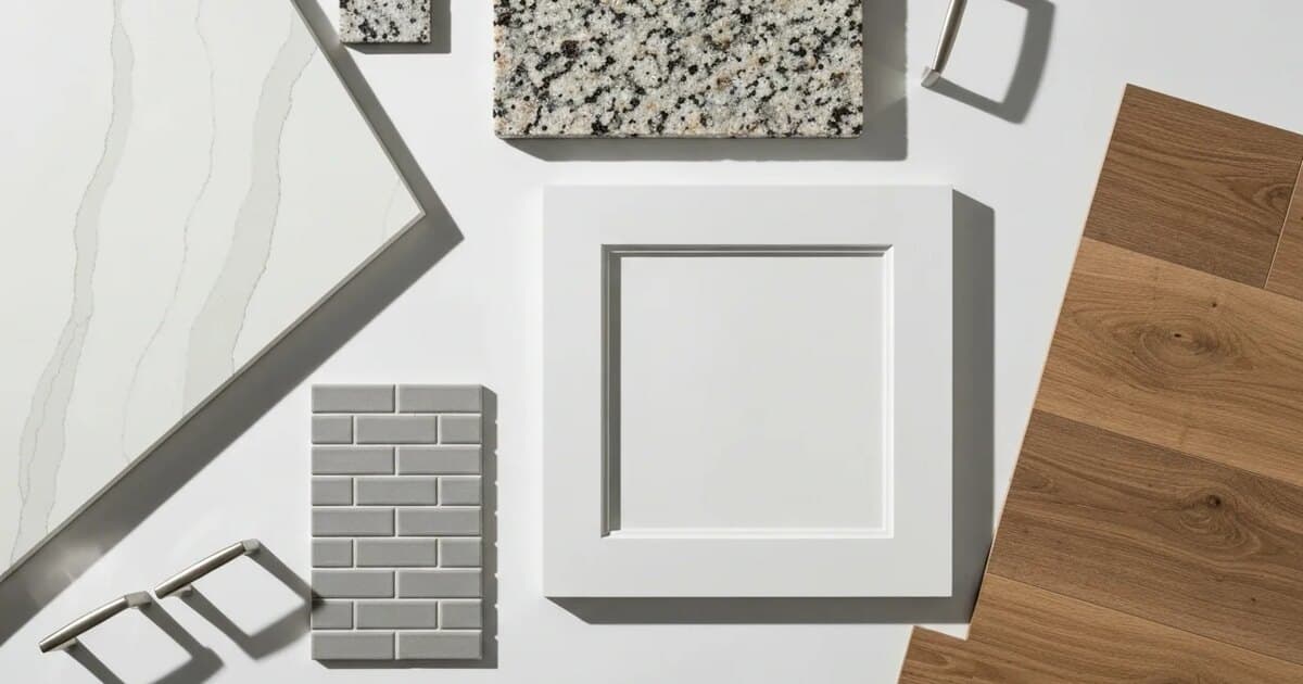 Kitchen remodel material samples including countertop, tile, and cabinet finish options laid out for selection