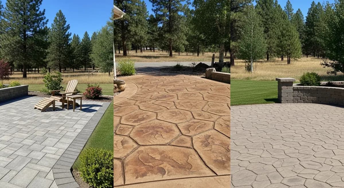 Split view showing a composite deck with dining area and a paver patio with fire pit
