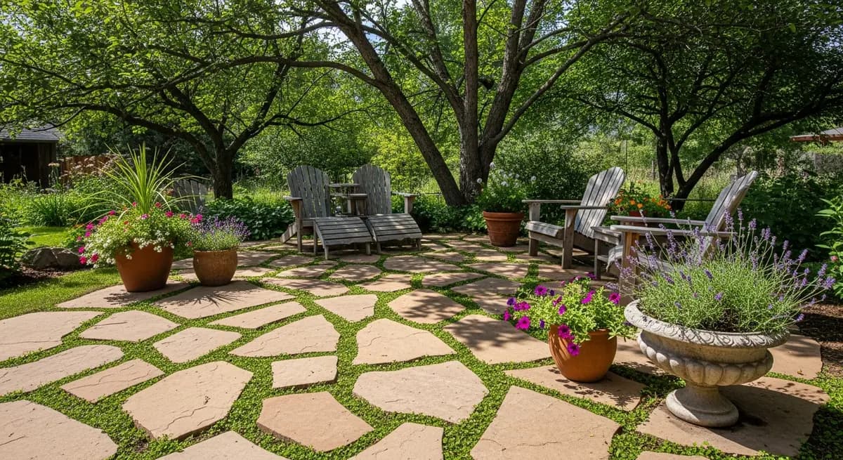 Natural flagstone patio with irregular stone pieces and drought-tolerant landscaping