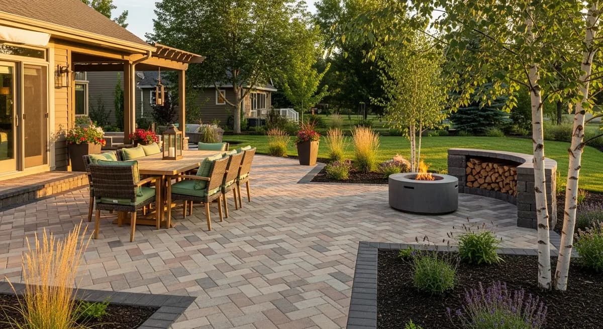 Interlocking paver patio with herringbone pattern and outdoor dining setup in a Boise backyard