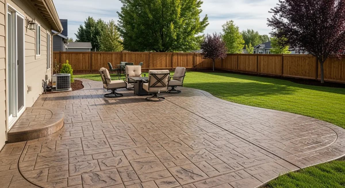 Stamped concrete patio with natural stone pattern and integrated fire pit in a Boise backyard