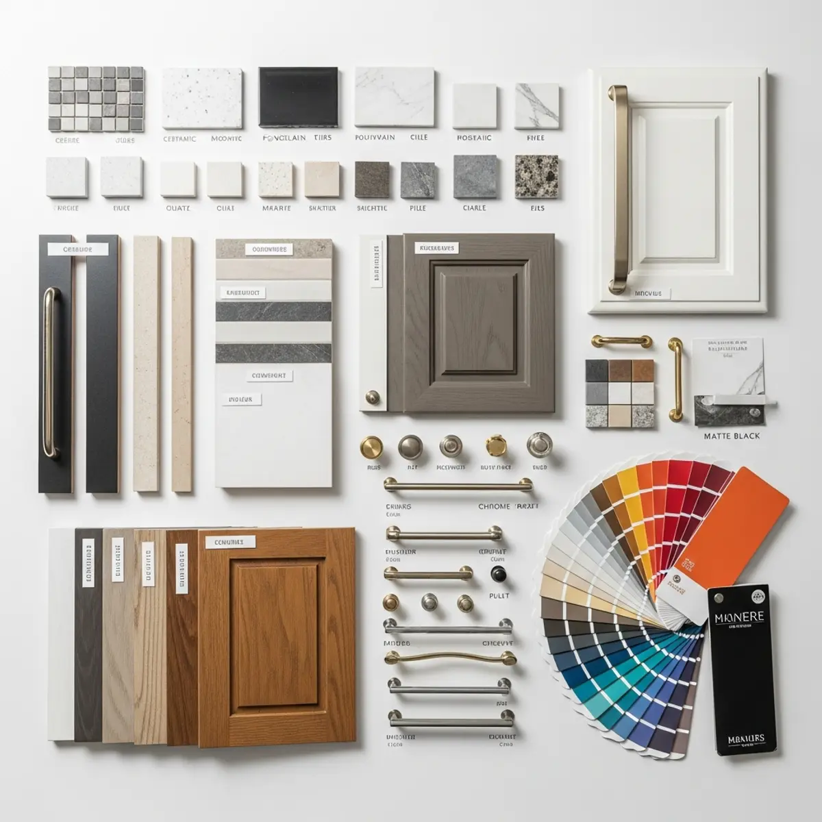 Material selection samples including tile, countertop, cabinet, and hardware samples