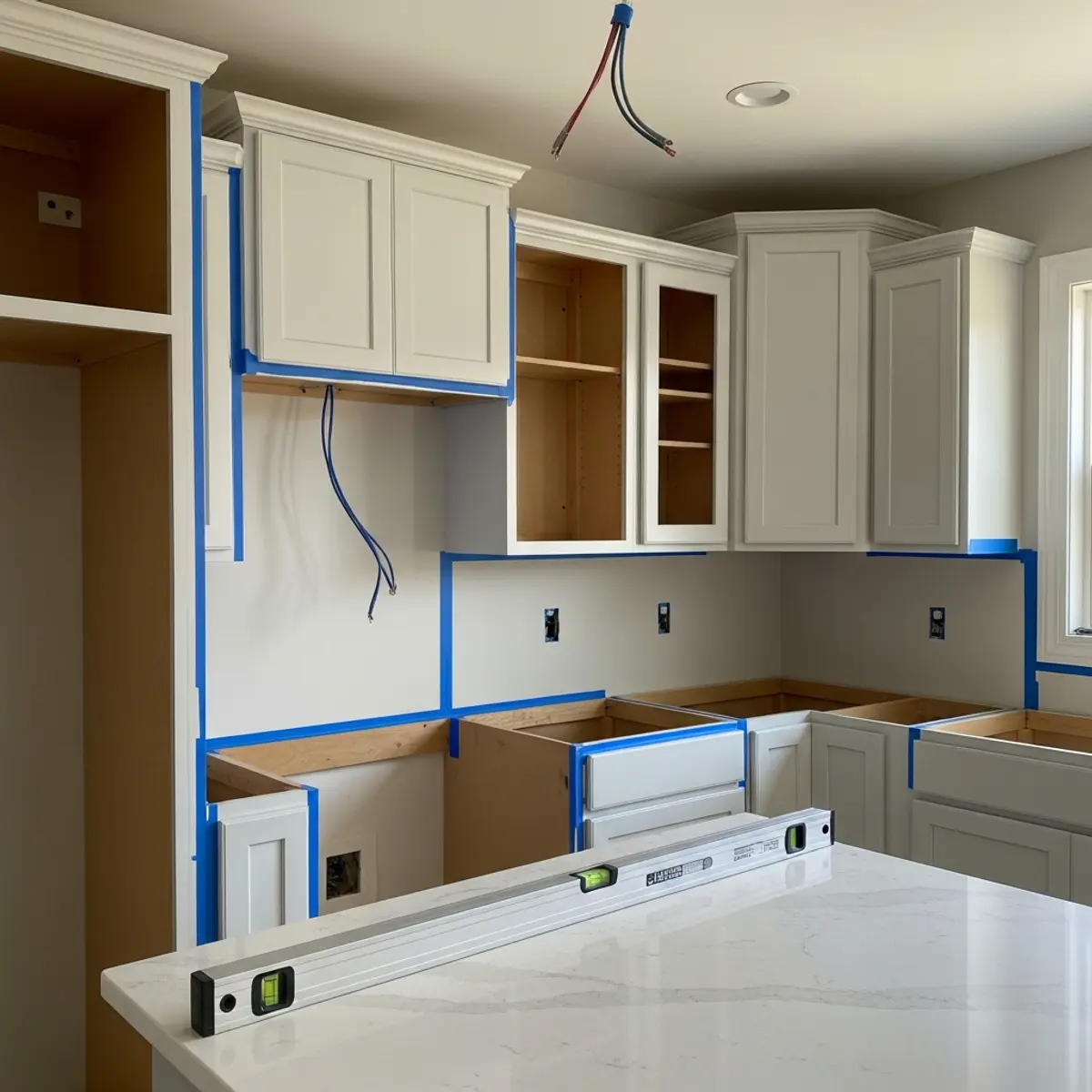 Weekly progress photo of a kitchen remodel showing cabinet installation