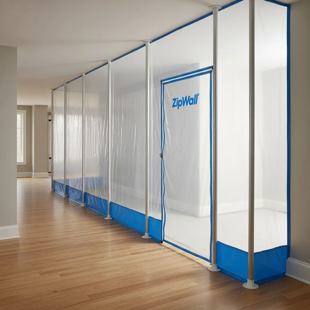 ZipWall dust containment barrier installed in a hallway during home renovation