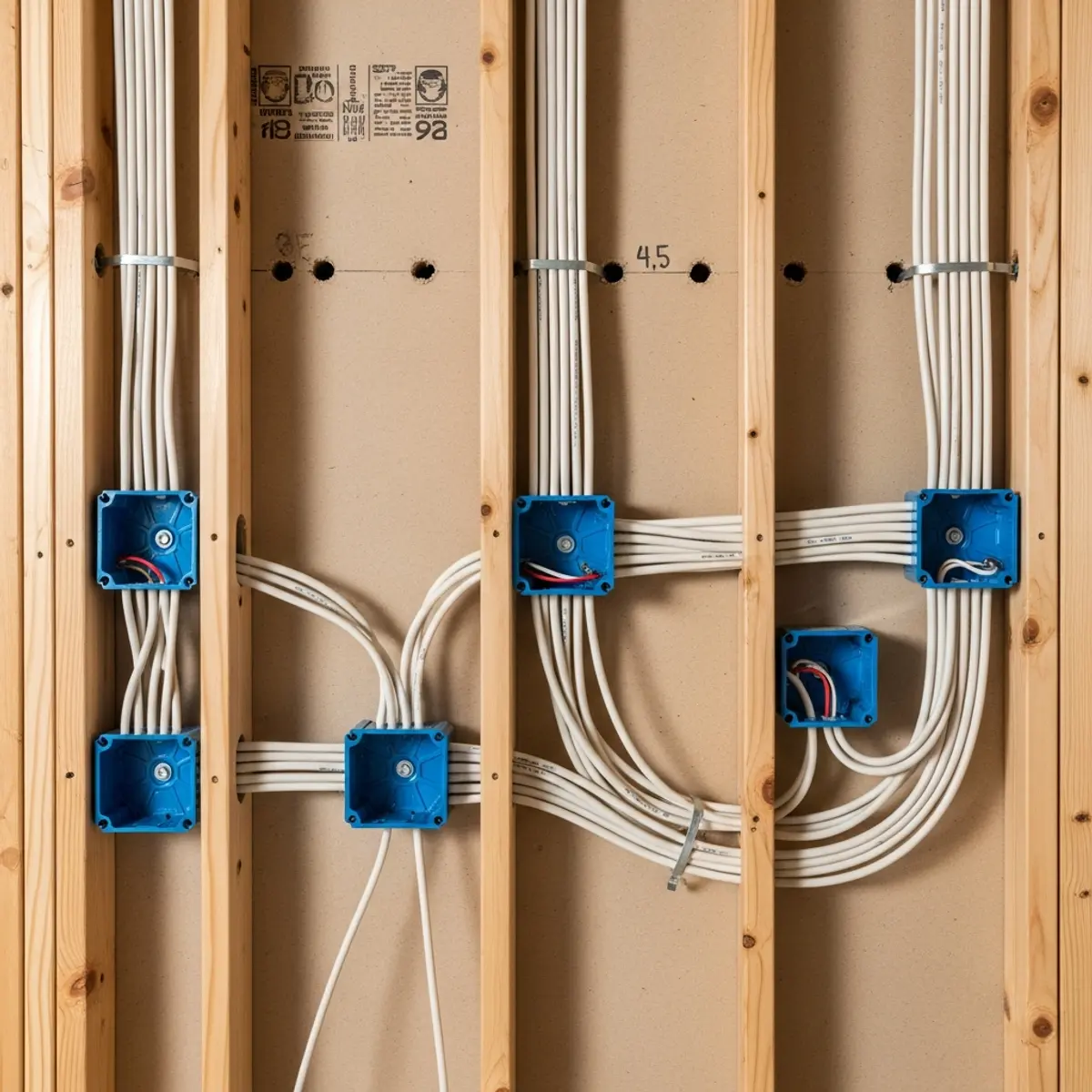 Electrical rough-in inspection with wiring visible in open wall cavities