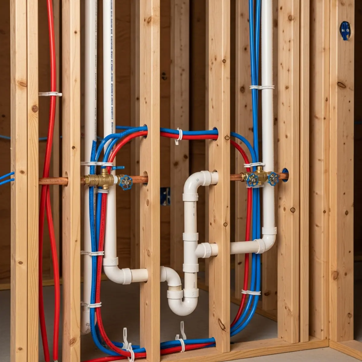 Plumbing inspection showing new copper and PEX supply lines in open walls