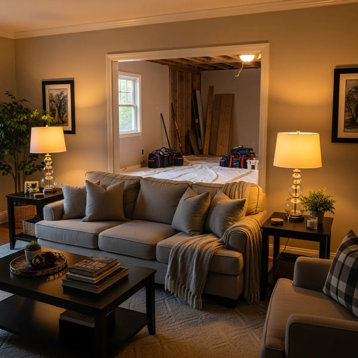 Family living room area set up comfortably adjacent to an active renovation zone
