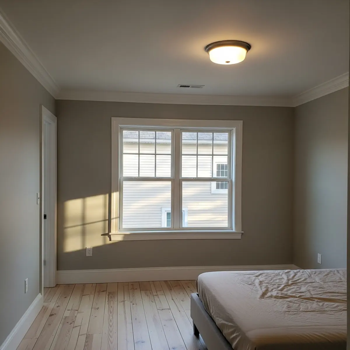 Freshly renovated bedroom with new paint, flooring, and trim in a Boise home
