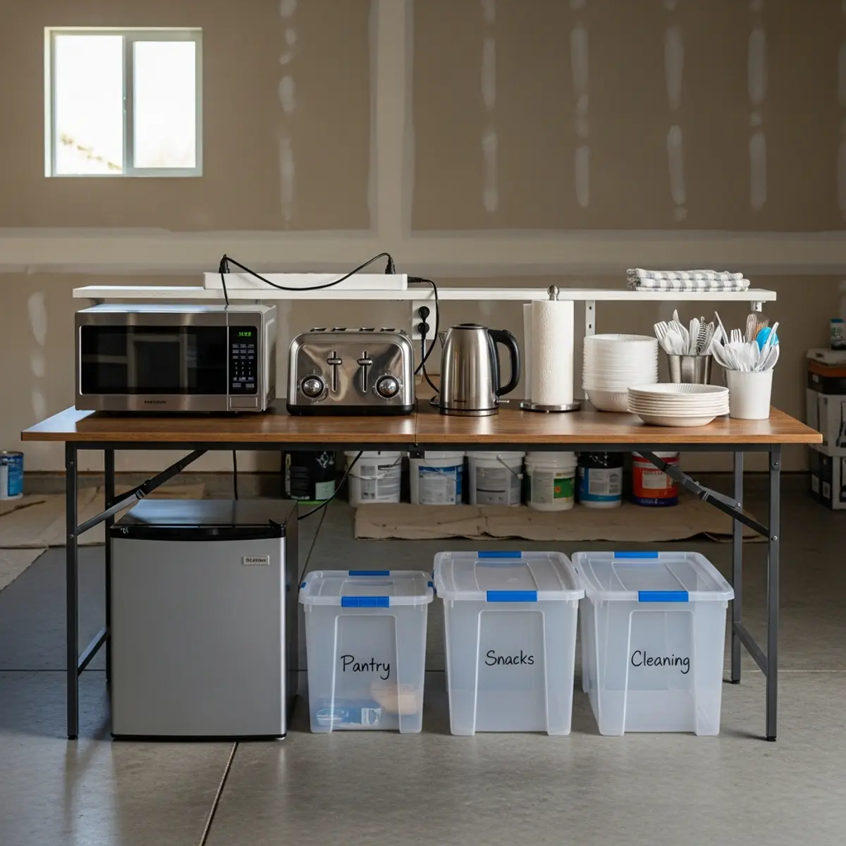 Temporary kitchen setup with microwave and mini-fridge in a garage during renovation