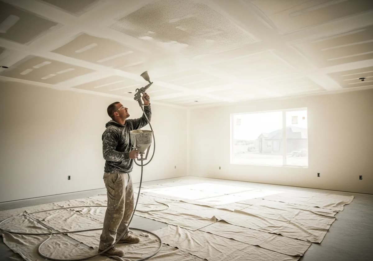 A drywall finisher spraying texture onto a ceiling with a hopper gun in a Treasure Valley home