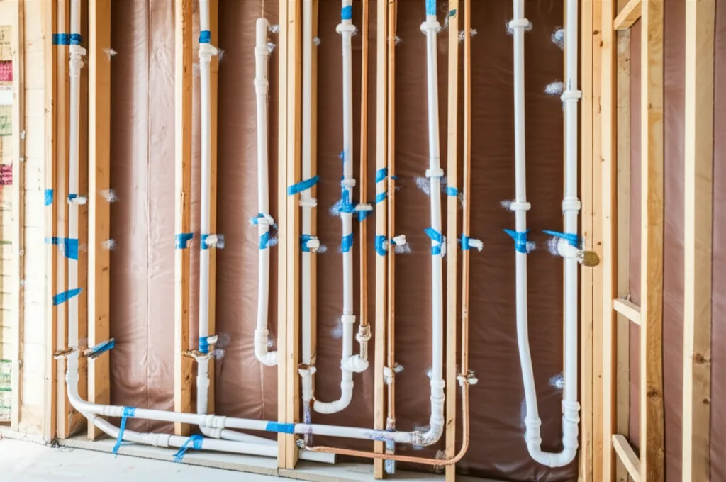 Bathroom plumbing and electrical rough-in exposed in open wall framing