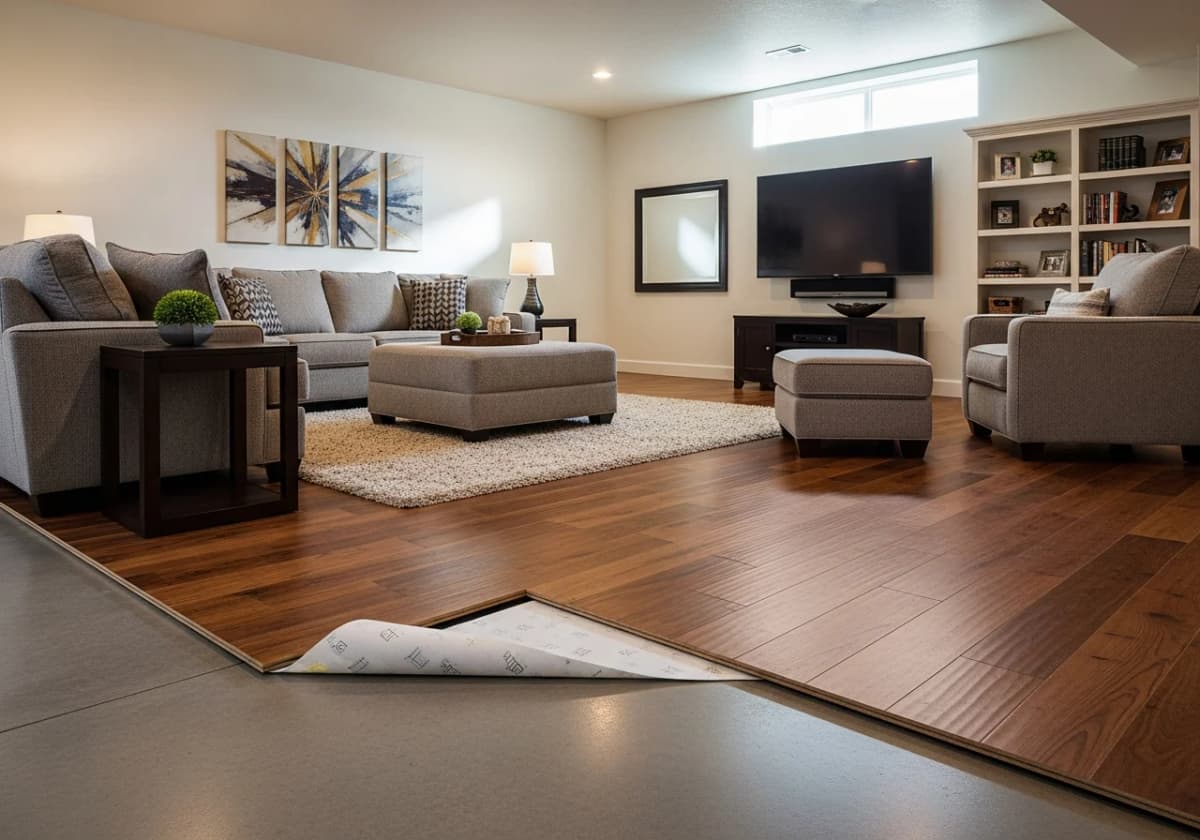 Engineered hardwood installed over slab + vapor barrier in a finished Boise basement