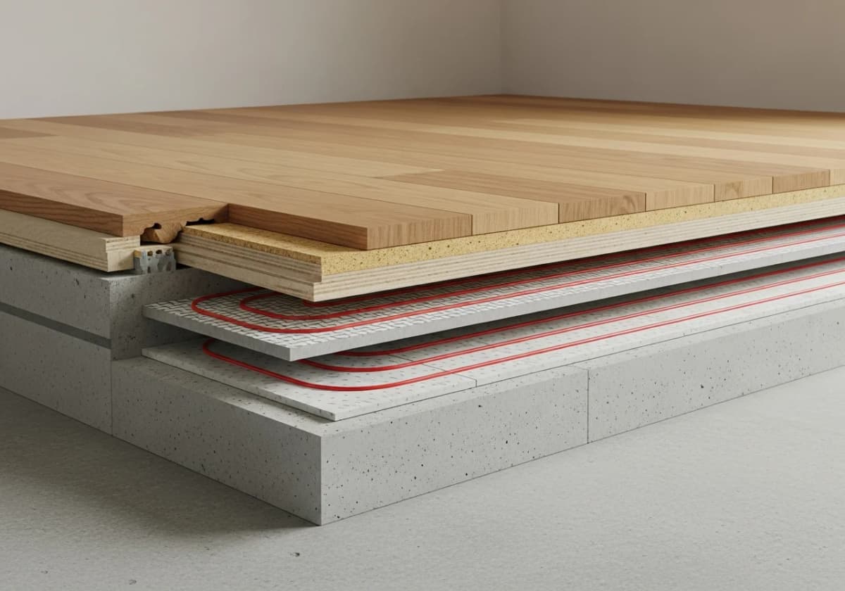 Cross-section: engineered hardwood over electric radiant heat mat and concrete slab