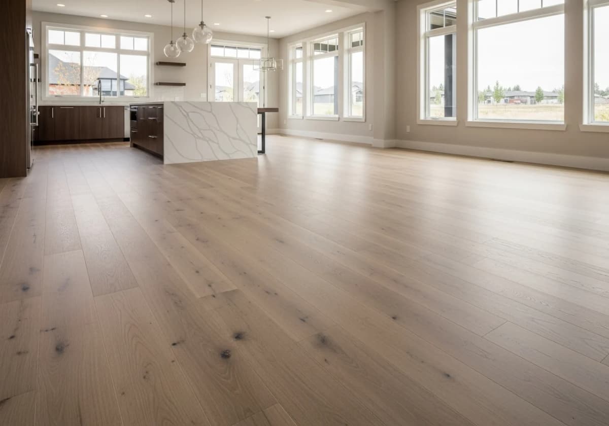 Wide-plank engineered hardwood in a contemporary Meridian open great room