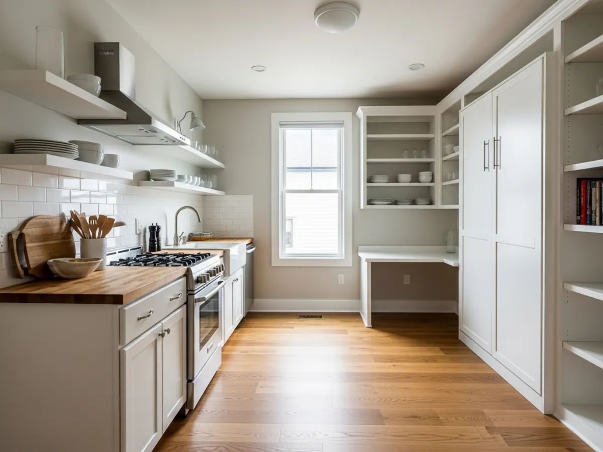 Interior of a Boise North End ADU studio with compact white shaker kitchen, butcher block counter, built-in desk, and Murphy bed