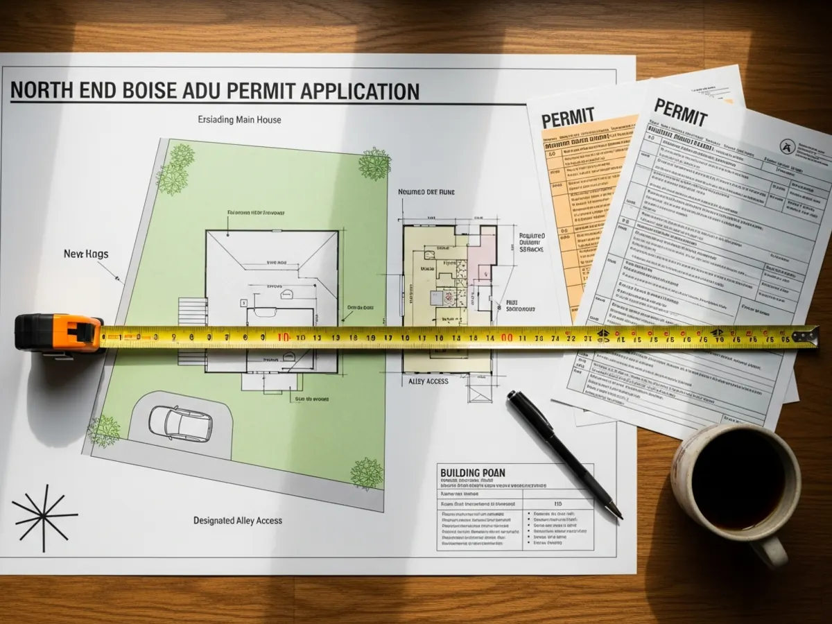 Site plan and permit documents for a North End Boise ADU showing footprint, setbacks, and alley access for City of Boise zoning compliance