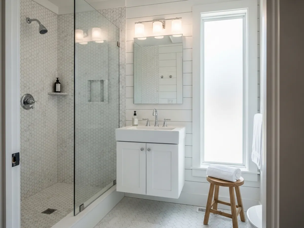 Compact bathroom in a North End Boise ADU with curbless walk-in shower, wall-hung vanity, white penny tile, and hex floor tile