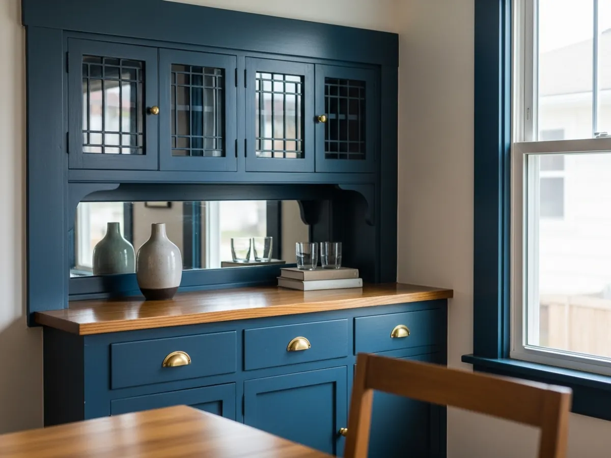 Original Craftsman built-in cabinet preserved and refreshed in a North End Boise whole-home remodel — deep navy paint, beveled glass uppers, brass hardware