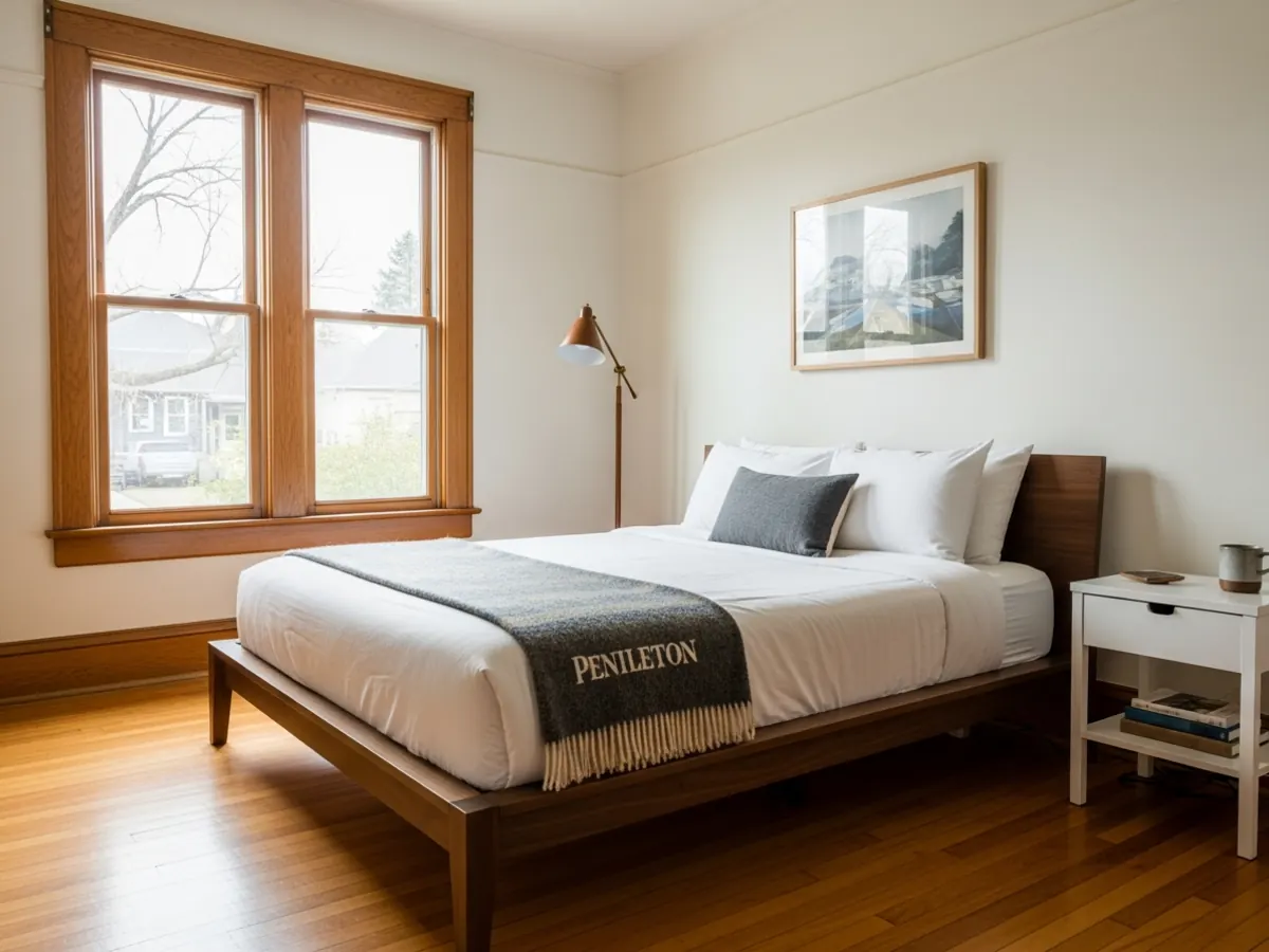 Finished primary bedroom in a North End Boise Craftsman whole-home remodel with restored original wood window trim, refinished oak floor, walnut platform bed, and Pendleton throw
