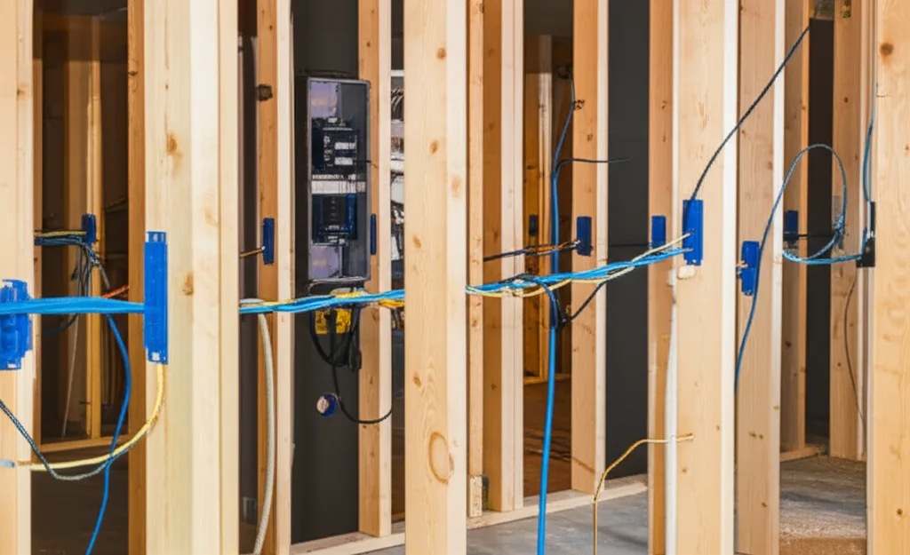 Electrical rough-in wiring run through kitchen wall framing before drywall