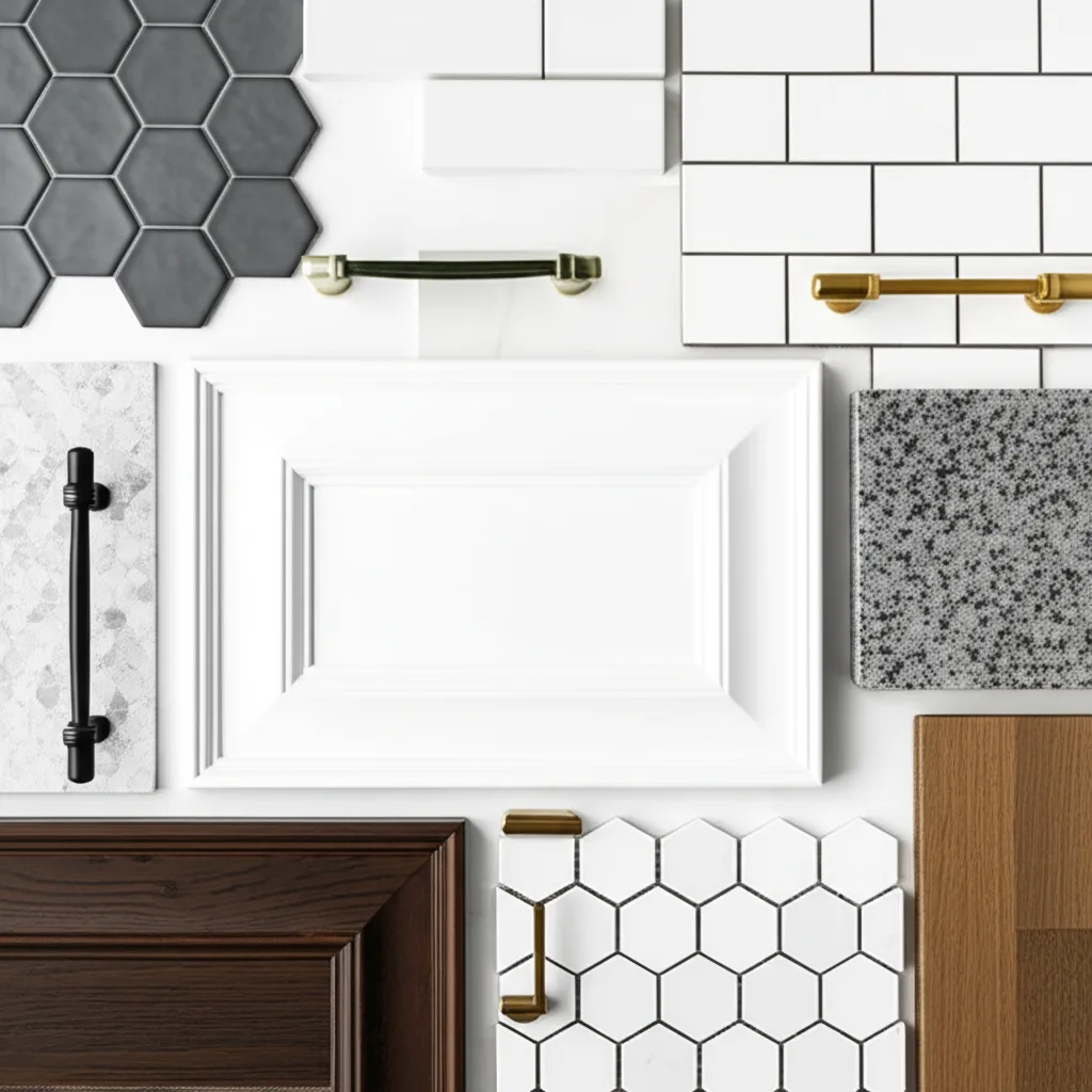 Kitchen material samples including cabinet doors, countertop pieces, tile and hardware
