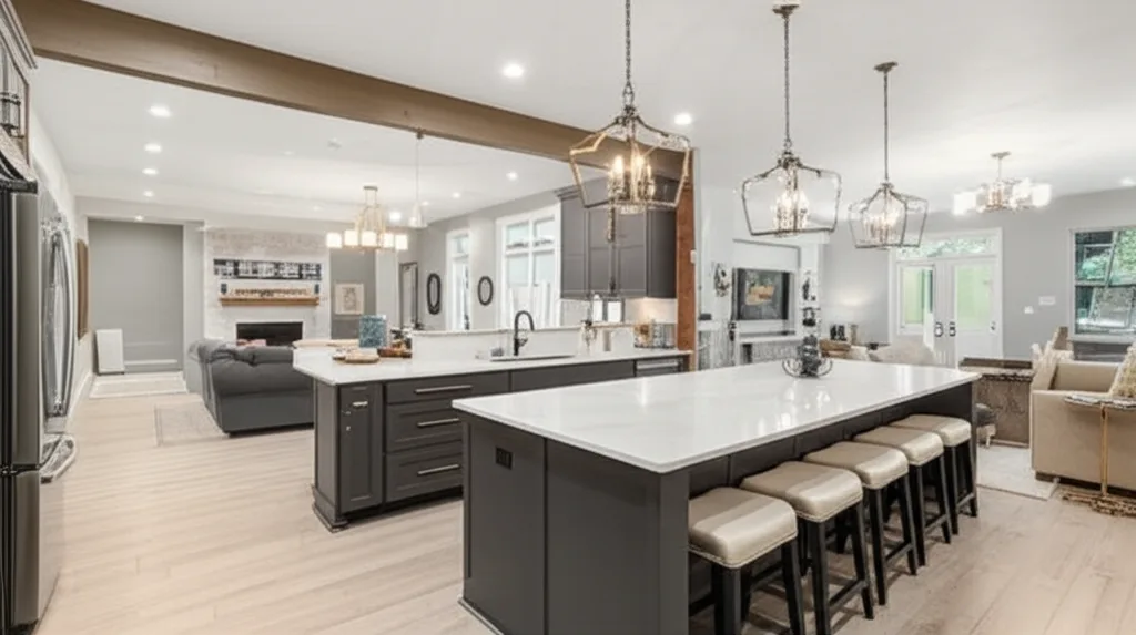 Open-plan kitchen and living space with an uninterrupted ceiling and no dividing wall