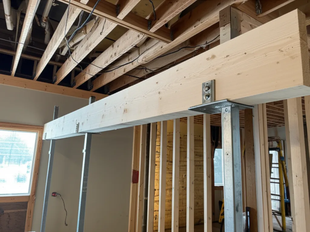 Engineered beam spanning a wide kitchen opening, supported on a post at each end