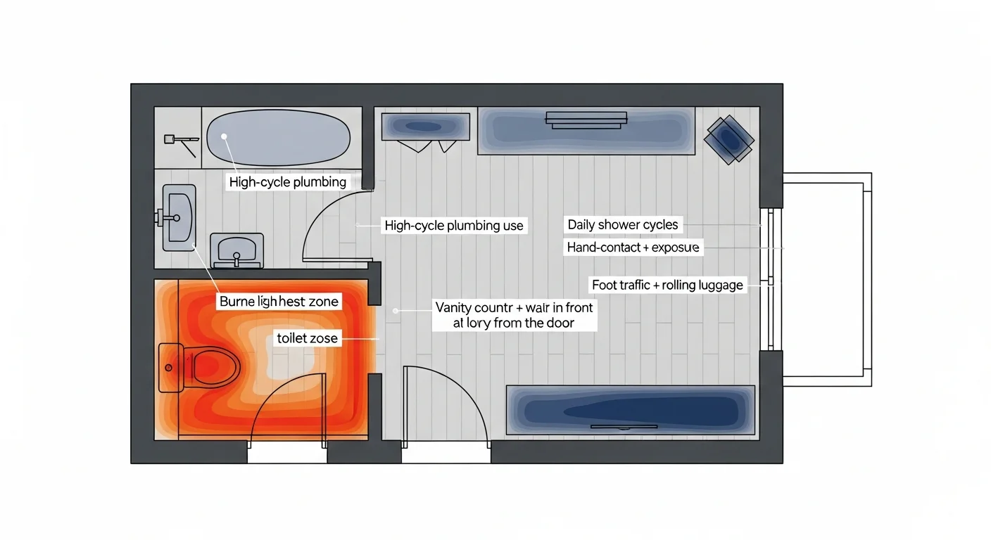 Diagram: overhead bathroom floor plan showing the wear-zone heat map of a typical short-term rental bathroom — burnt-orange highest-wear zones around the toilet, in the shower, at the vanity counter, and on the floor in the entry path, with cooler zones around the back walls and ceiling — labeled with spec recommendations for each zone