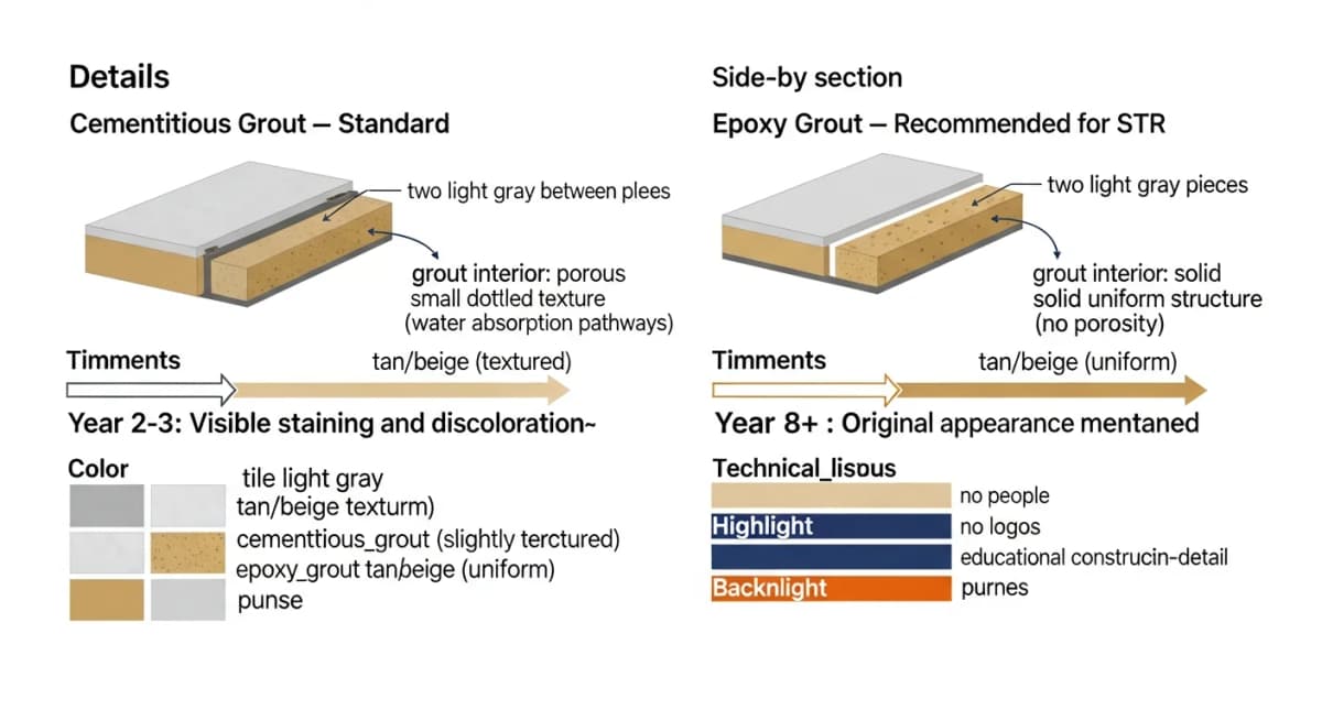Diagram: comparison cross-section of two tile grout types — left side shows cementitious grout with porous interior structure absorbing water and developing stains over time, right side shows epoxy grout with non-porous chemistry resistant to water absorption and staining, with timeline indicators showing 2-year vs 8-year visible-condition durability